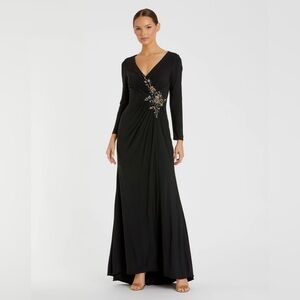 MAC DUGGAL Black Faux Wrap Long Sleeve Gown with Appliqué Detail 2